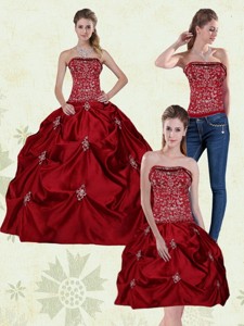 Detachable Wine Red Strapless Quinceanera Gown with Embroidery