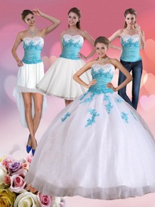 Beautiful Strapless Beading And Appliques Quinceanera Dress In White And Blue