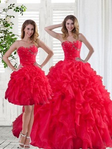 Red Strapless Quinceanera Dress With Ruffles And Beading