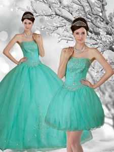 Fashionable Apple Green Strapless Quince Dress With Appliques And Beading