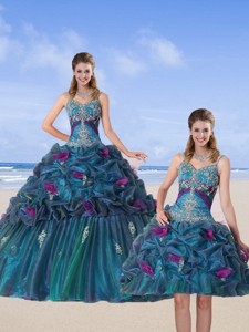 Multi Color Quinceanera Gown With Hand Made Flower And Pick Ups