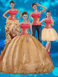 Gold Strapless Quince Dress With Beading And Embroidery