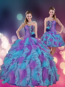 Strapless Multi Color Quinceanera Dress With Beading And Ruffles