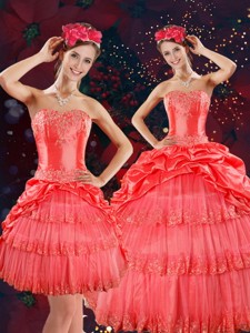 Strapless Quinceanera Dress With Beading And Pick Ups In Coral Red