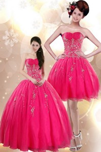 Beautiful Strapless Floor Length Hot Pink Quince Dress With Appliques