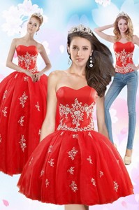 Exquisite Strapless Red Quince Dress With Appliques