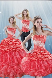 Gorgeous Watermelon Red Quinceanera Dress With Appliques And Ruffles