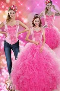 Decent Hot Pink Quinceanera Gown With Beading And Ruffles