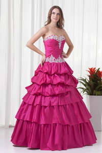 Sweetheart Hot Pink Taffeta Appliques Long Quinceanera Dress