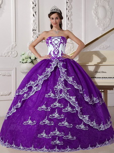 Purple and White Ball Gown Strapless Floor-length Organza Appliques Quinceanera Dress