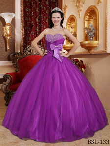 Purple Ball Gown Sweetheart Floor-length Tulle and Tafftea Beading Quinceanera Dress