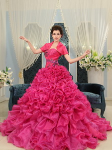 Hot Pink Sweetheart Ruffles Court Train Designer New Styles Wedding Dress For Custom Made