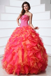 Strapless Beading and Ruffles Quinceanera Dress in Red and Orange Red