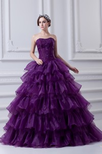 Eggplant Purple Strapless Ball Gown Beading And Embroidery Quinceanera Dress