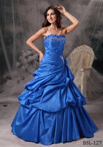 Princess Strapless Long Taffeta Beading Quinceanera Dress In Blue