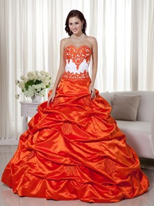 Orange Red Sweetheart Floor-length Taffeta Appliques Quinceanera Dress