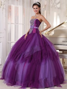 Purple Ball Gown Strapless Floor-length Tulle Beading Quinceanera Dress