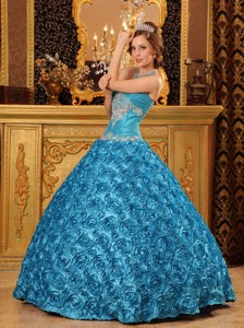 Teal Ball Gown Sweetheart Floor-length Fabric With Rolling Flowers Appliques Quinceanera Dress