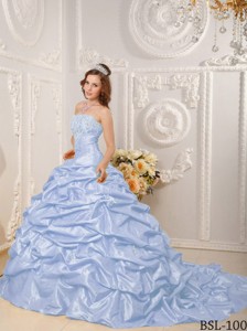 Lilac Ball Gown Strapless Court Train Taffeta Appliques and Beading Quinceanera Dress
