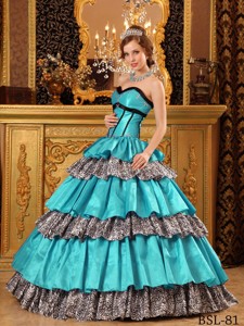 Popular Ball Gown Sweetheart Floor-length Taffeta Ruffles Turquoise Quinceanera Dress