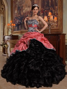Red and Black Ball Gown Sweetheart Floor-length Pick-ups Taffeta and Organza Quinceanera Dress