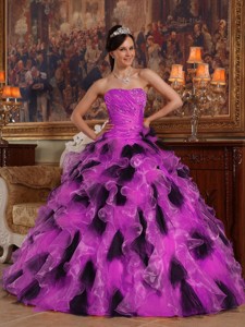 Fuchsia and Black Ball Gown Strapless Floor-length Organza Quinceanera Dress