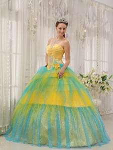 Yellow and Blue Ball Gown Strapless Floor-length Tulle Beading and Ruch Quinceanera Dress