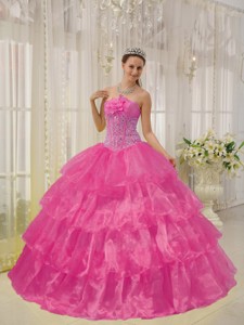 Hot Pink Ball Gown Strapless Floor-length Taffeta and Organza Beading Quinceanera Dress