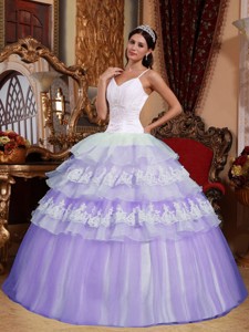Lilac Ball Gown Spaghetti Straps Floor-length Organza Lace Appliques Quinceanera Dress