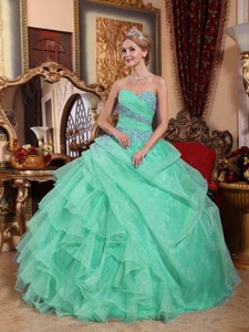 Apple Green Ball Gown Sweetheart Organza Appliques and Ruched Quinceanera Dress