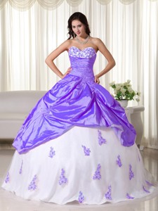 Purple And White Ball Gown Sweetheart Floor-length Taffeta Appliques Quinceanera Dress