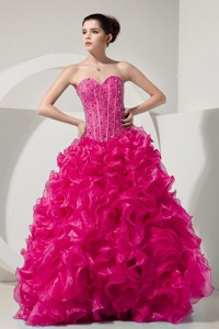 Hot Pink Princess Sweetheart Floor-length Organza Beading Prom Dress