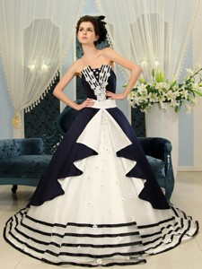 Navy Blue And White Ball Gown Strapless Court Train Wedding Dress With Appliques For Custom Made