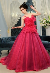 Coral Red Organza Hand Made Flowers One Shoulder Court Train Custom Made Wedding Dress