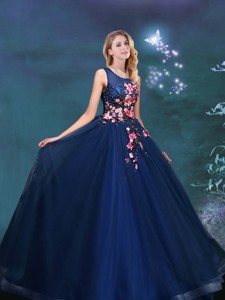 Fashionable Scoop Applique Decorated Bodice Navy Blue Prom Gown