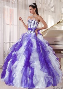 White and Purple Strapless Floor-length Organza Beading Quinceanera Dress