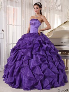 Purple Ball Gown Strapless Floor-length Satin and Organza Beading Quinceanera Dress