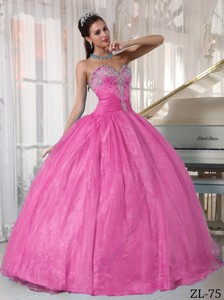 Rose Pink Ball Gown Sweetheart Floor-length Taffeta and Organza Appliques Quinceanera Dress