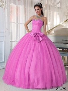 Rose Pink Ball Gown Sweetheart Floor-length Tulle Beading and Bowknot Quinceanera Dress