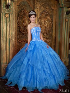 Gorgeous Ball Gown Strapless Floor-length Appliques Organza Blue Quinceanera Dress