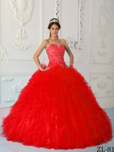 Red Ball Gown Sweetheart Floor-length Satin and Organza Beading Quinceanera Dress