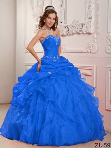 Blue Ball Gown Strapless Floor-length Organza Beading And Ruffles Quinceanera Dress