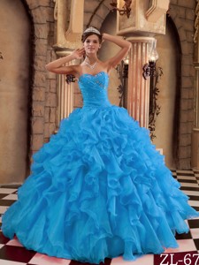 Aqua Blue Ball Gown Sweetheart Floor-length Ruffles Organza Quinceanera Dress