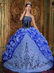 Blue Ball Gown Strapless Floor-length Embroidery Taffeta Quinceanera Dress