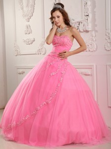 Classical Ball Gown Sweetheart Floor-length Tulle Appliques Rose Pink Quinceanera Dress