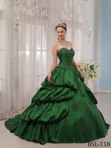 Green Ball Gown Sweetheart Court Train Taffeta Appliques Quinceanera Dress
