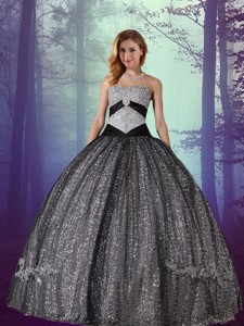 Elegant Black Ball Gown Floor Length Sequined And Tulle Quinceanera Dress With Appliques