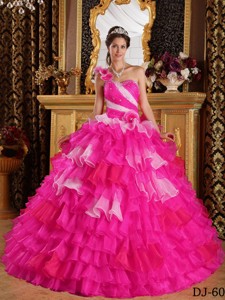 Hot Pink and White One Shoulder Ruffles and Beading Quinceanera Dress
