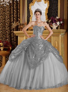 Grey Ball Gown Sweetheart Floor-length Sequined and Tulle Handle Flowers Quinceanera Dress