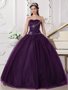 Dark Purple Ball Gown Sweetheart Floor-length Tulle Rhinestone Quinceanera Dress